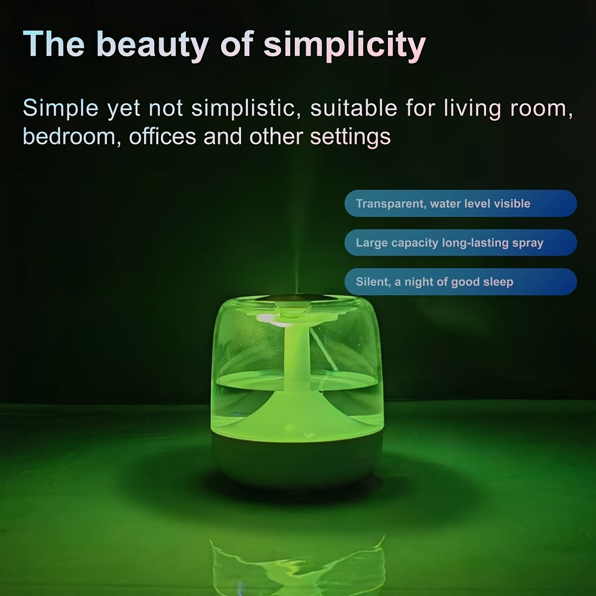 Transparent USB Humidifier with 7-Color Night Light, Silent Mist for Bedroom Office