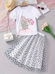 Conjunto de camiseta y falda para niñas con gráfico de dibujos animados para fiestas al aire libre en verano