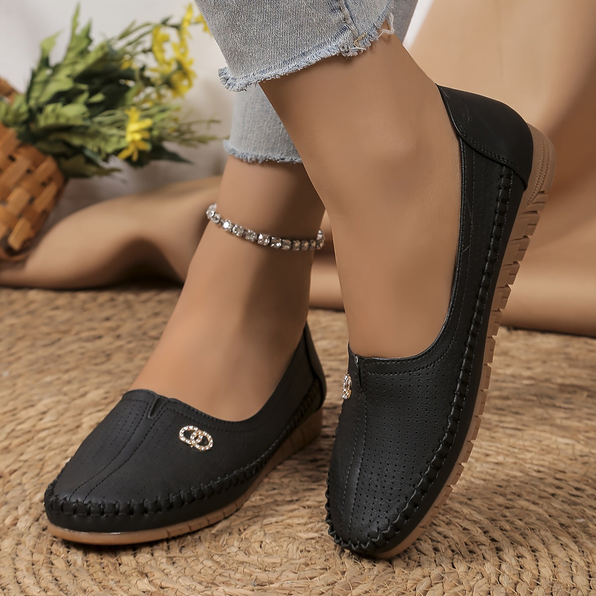 Ayollar uchun slip-on tufli, kundalik qulaylik, sintetik charm, barcha mavsumlar uchun poyabzal