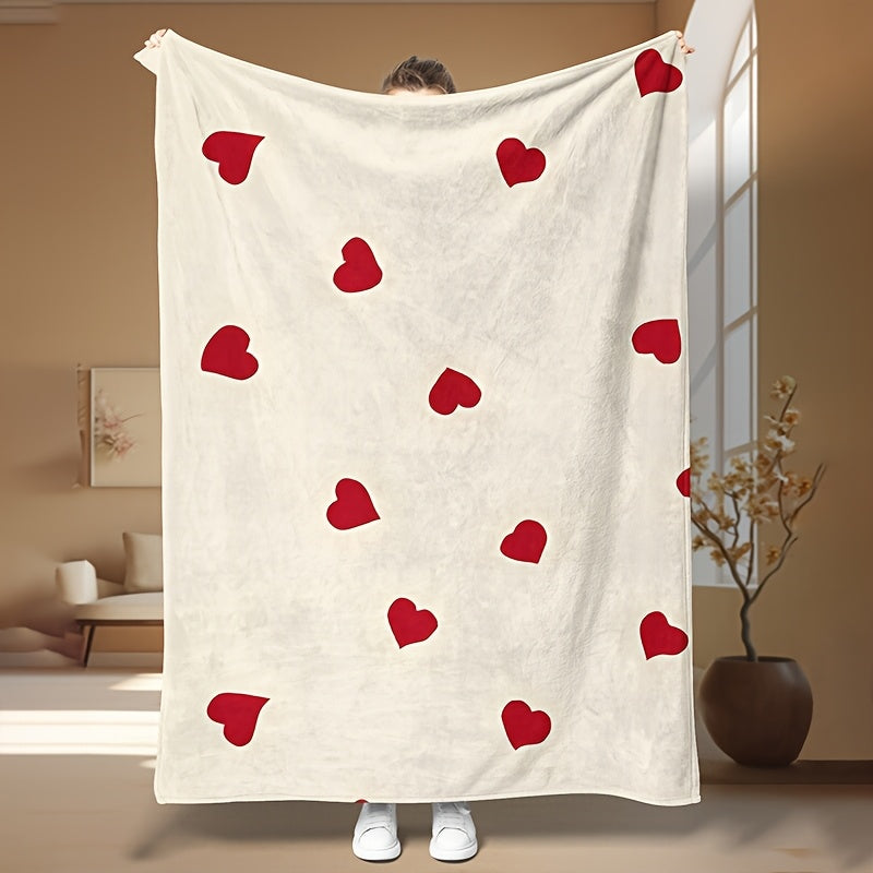 Red Heart Pattern Throw Blanket Cozy Polyester Coral Fleece for Couch Bed Camping