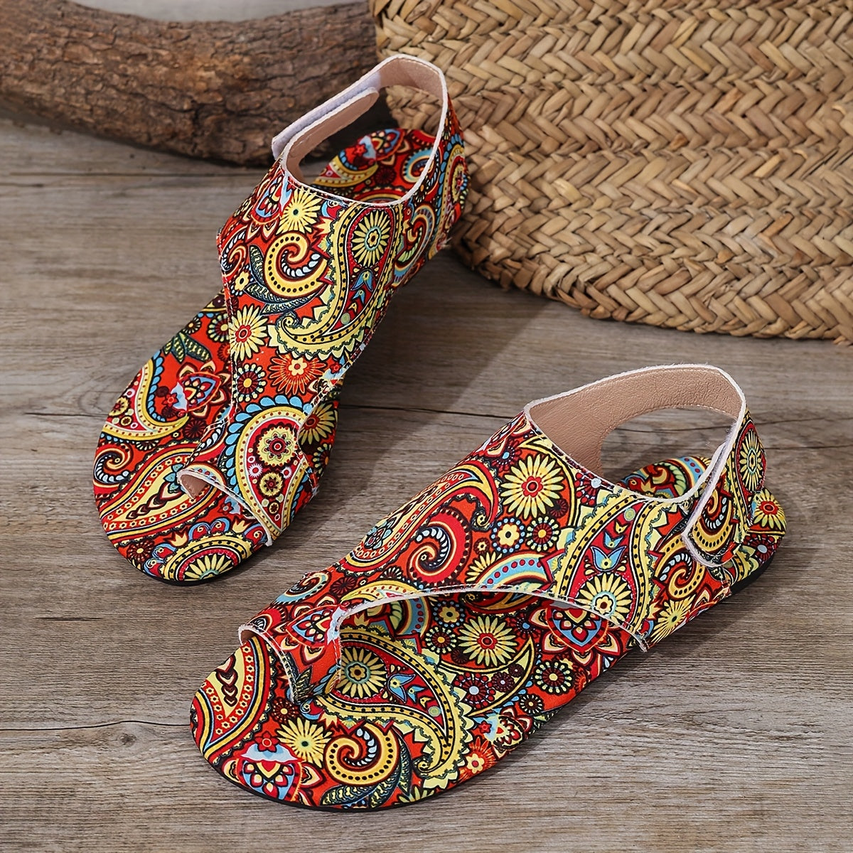 Women's Bohemian Paisley Flat Sandals with Adjustable Hook-and-Loop, Breathable Fabric, Non-Slip Sole