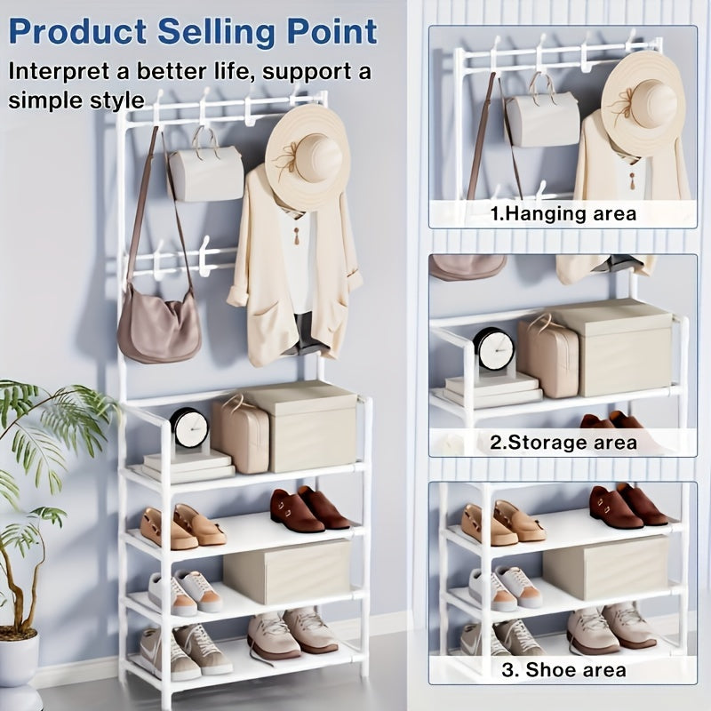 Black and White Shoe and Hat Rack with Dustproof Cover 8 Hooks for Entryway Living Room Bedroom