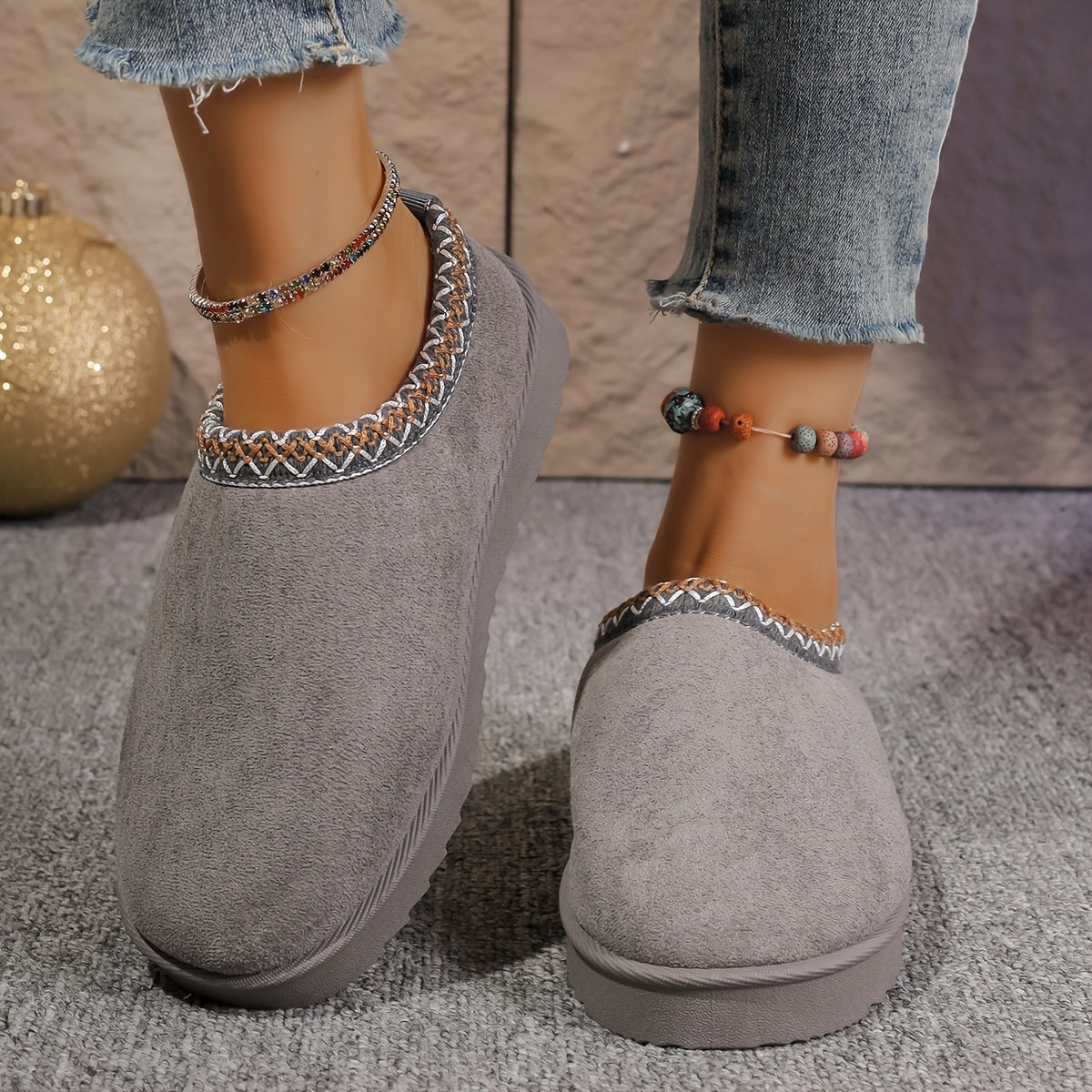 Women's Flannel Ankle Booties Casual Slip-on Round Toe Flat Heel Loafers