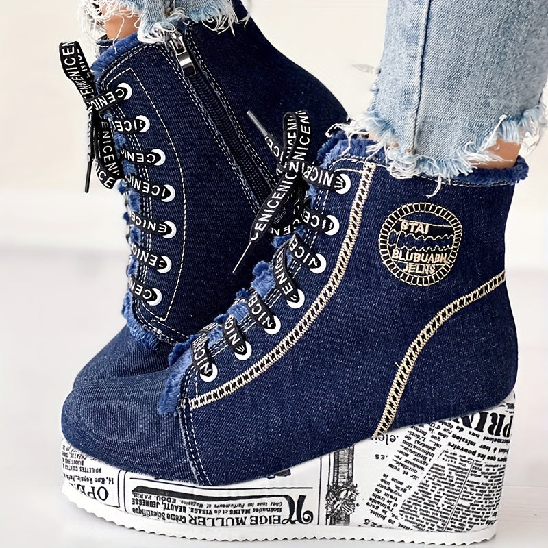 Women’s Solid Denim Lace-Up Platform Boots with Wedge Heel and Round Toe