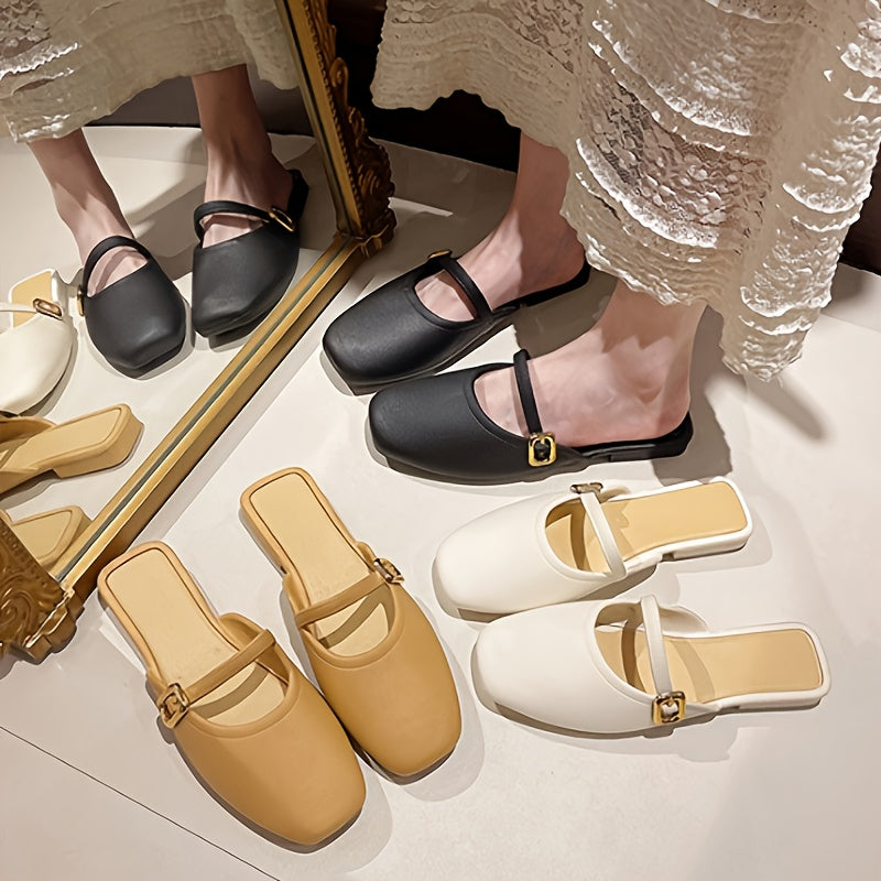 Women Square Toe Mules with Adjustable Strap Soft Sole Slip-On Casual Shoes