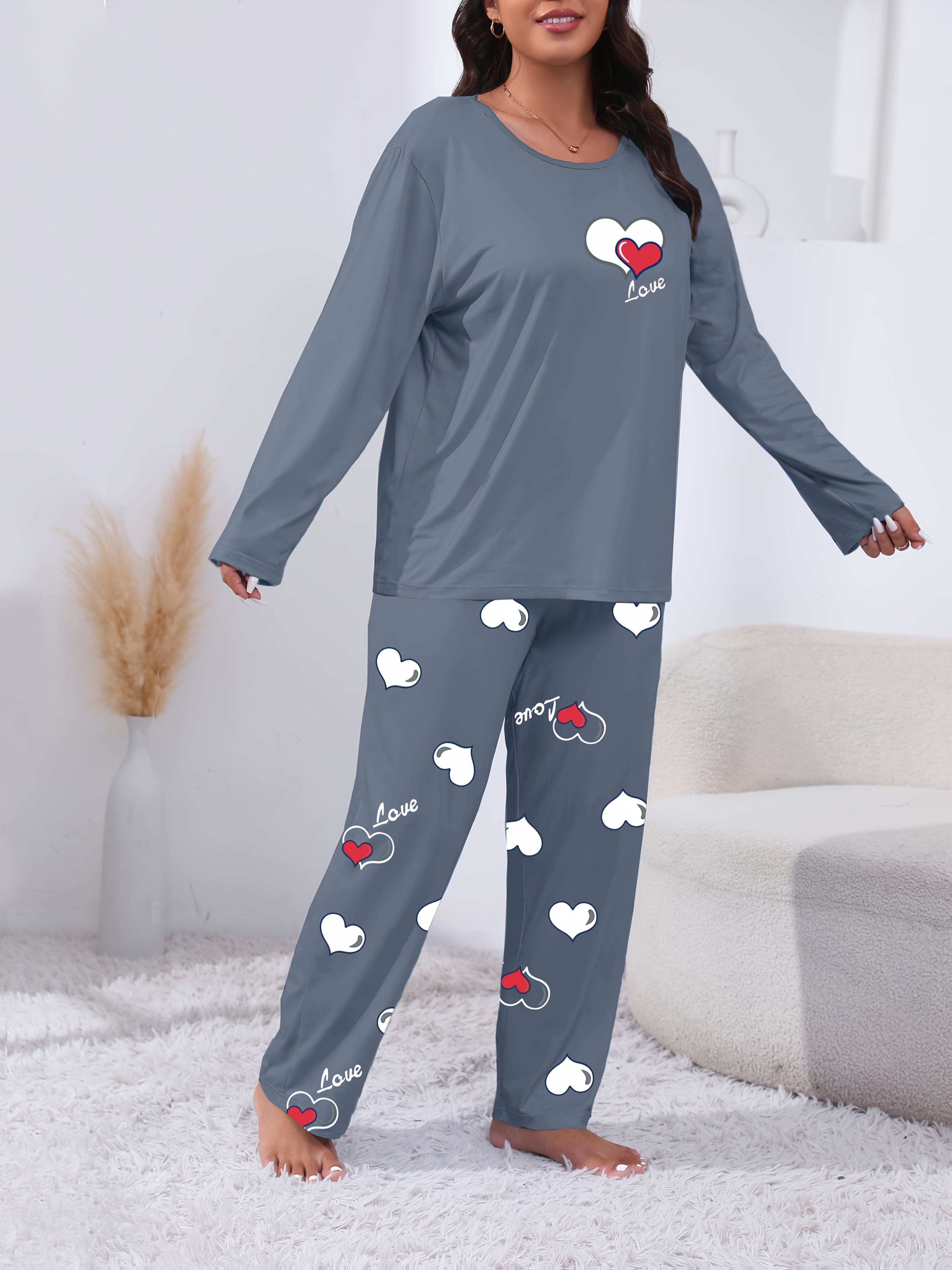 Women's Plus Size Love Heart Print Pajama Set Long Sleeve Sleepwear Soft Polyester Lounge