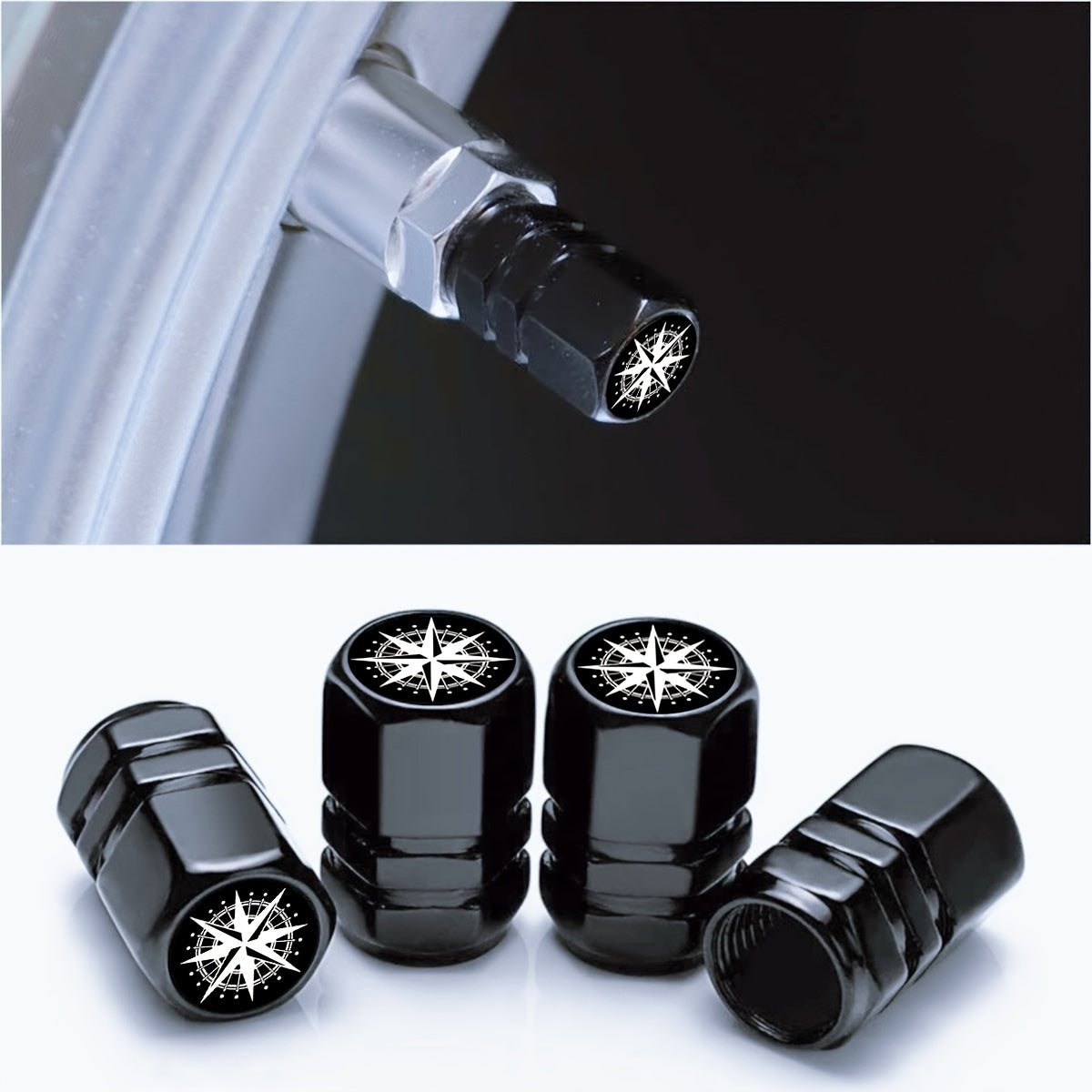 4PCS Black Aluminum Alloy Tire Valve Caps Stylish Compass Design for Cars SUV Motorcycle