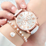 Set of 5 White Quartz Watches with PU Leather Straps and Rhinestone Jewelry for Women