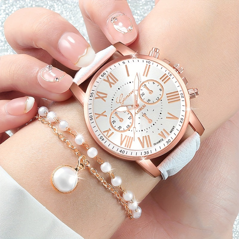 Set of 5 White Quartz Watches with PU Leather Straps and Rhinestone Jewelry for Women