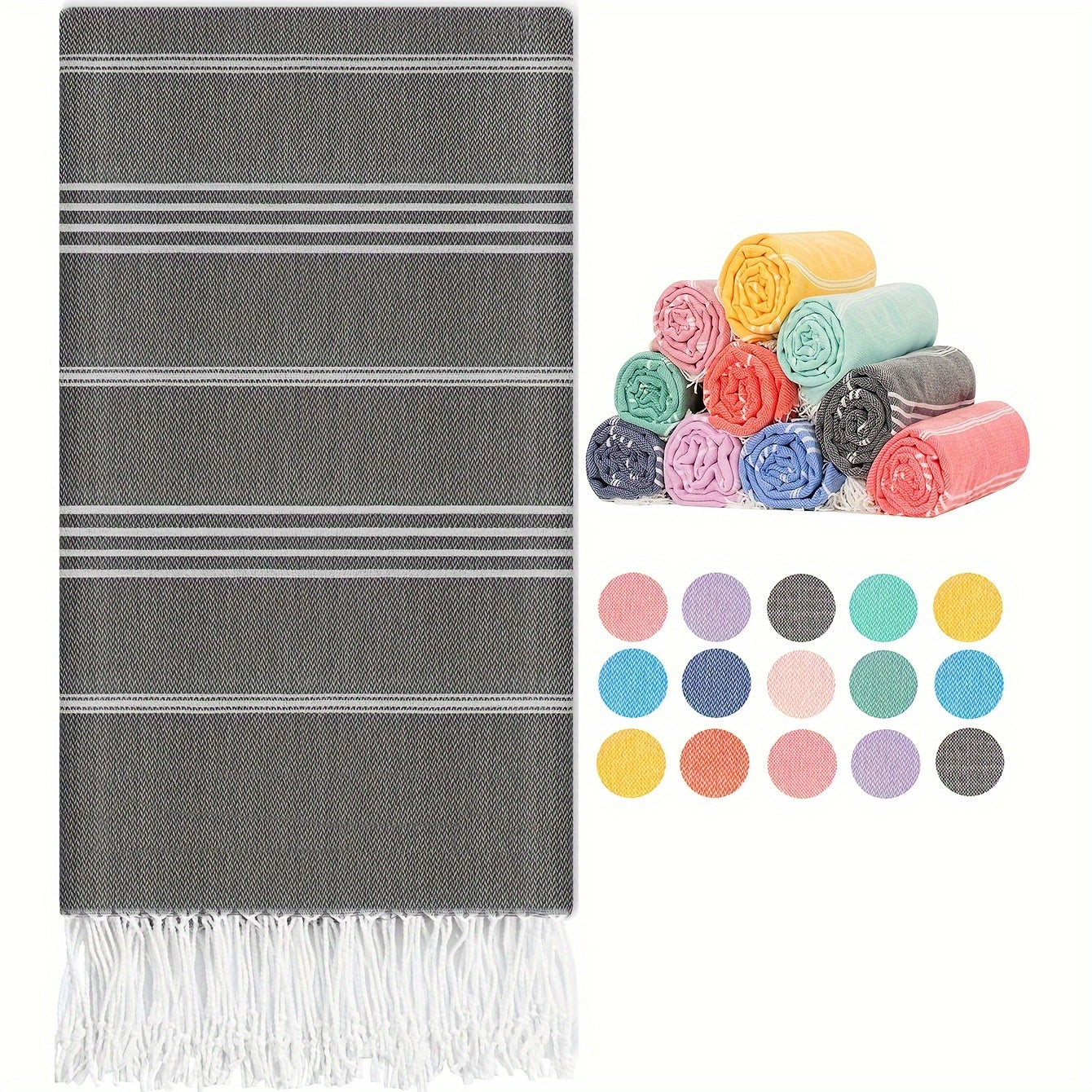 Turk plyaj sochiq: tez quriydigan, qumga yopishmaydigan, engil, katta o'lchamda, chiziqli naqshlarda (sariq, oq, ko'k, kulrang, pushti) basseyn, suzish, sayohat uchun. Kamping, kruiz, ta'til, plyaj ko'rpa uchun ideal.