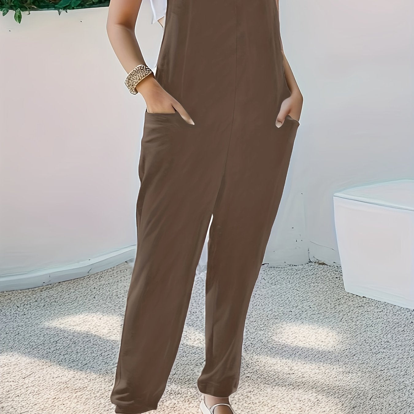 Mono casual de mujer de talla grande de otoño de color sólido con bolsillo y tirantes