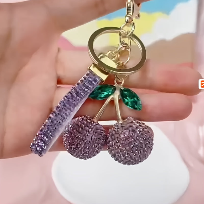 Pink Rhinestone Cherry Keychain for Women and Girls, Cute Bag Charm