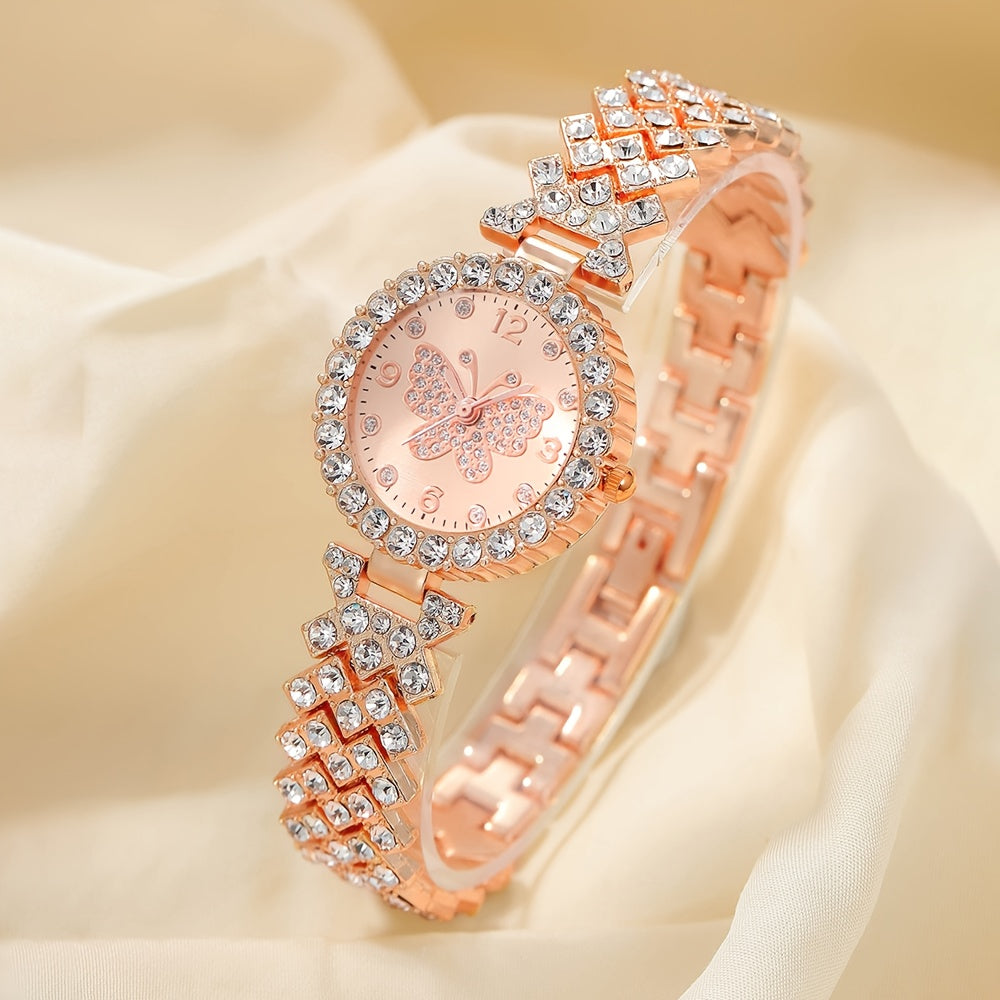 Set of 2 Women's Elegant Butterfly Quartz Watches with Rhinestone Bracelets