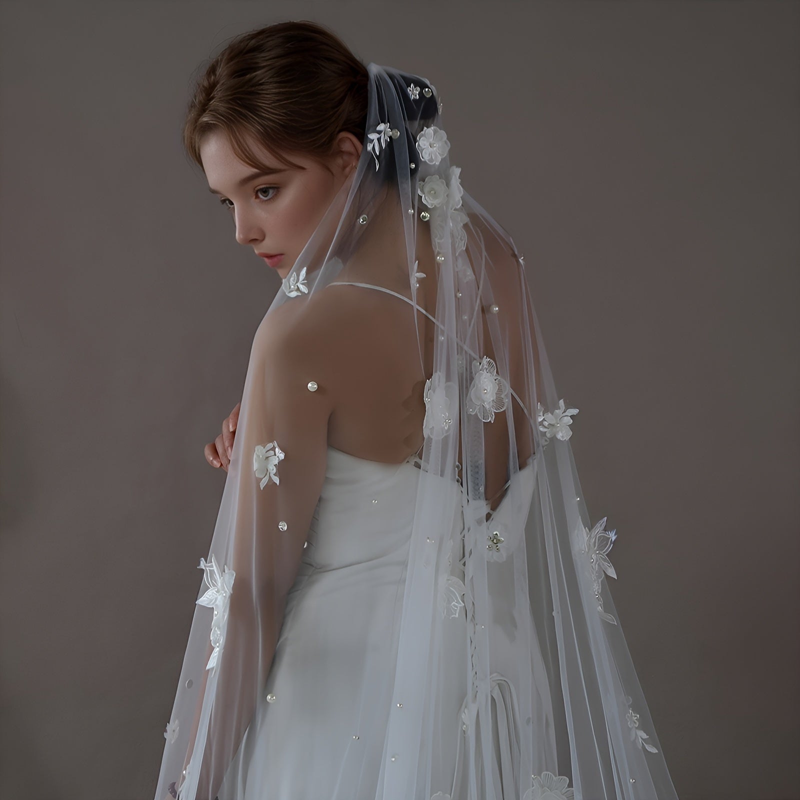 Vintage Bridal Veil with 3D Lace Flowers Nylon Hand Wash Wedding Accessory