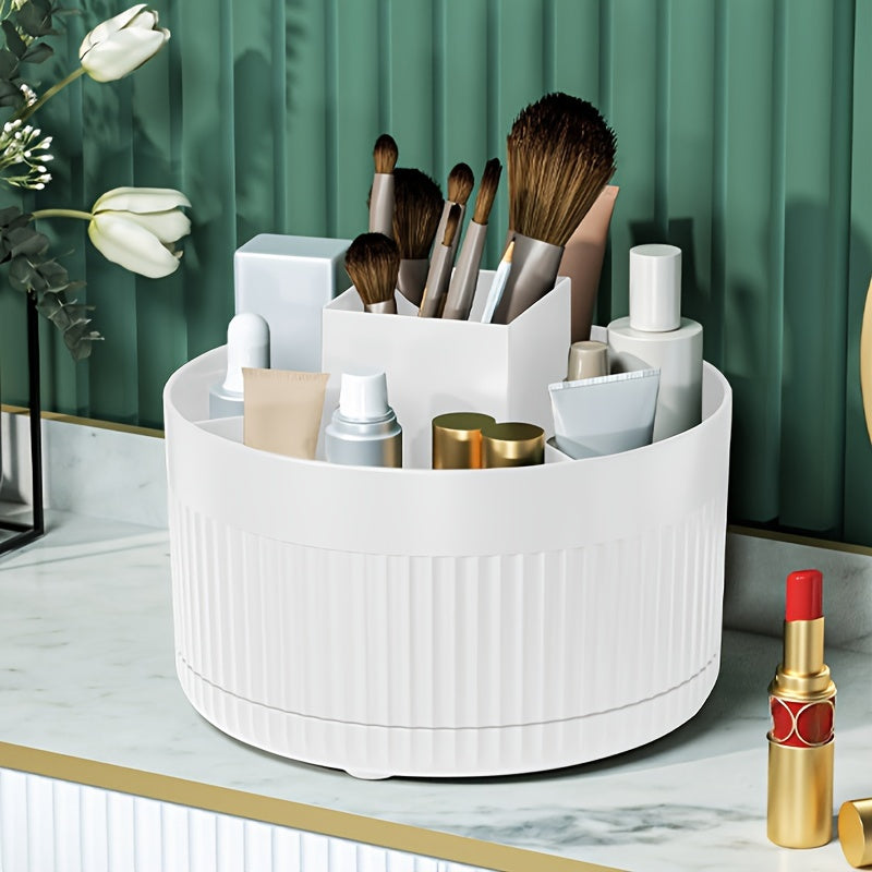 White Plastic Rotating Makeup Organizer with Textured Design for Brushes and Skincare