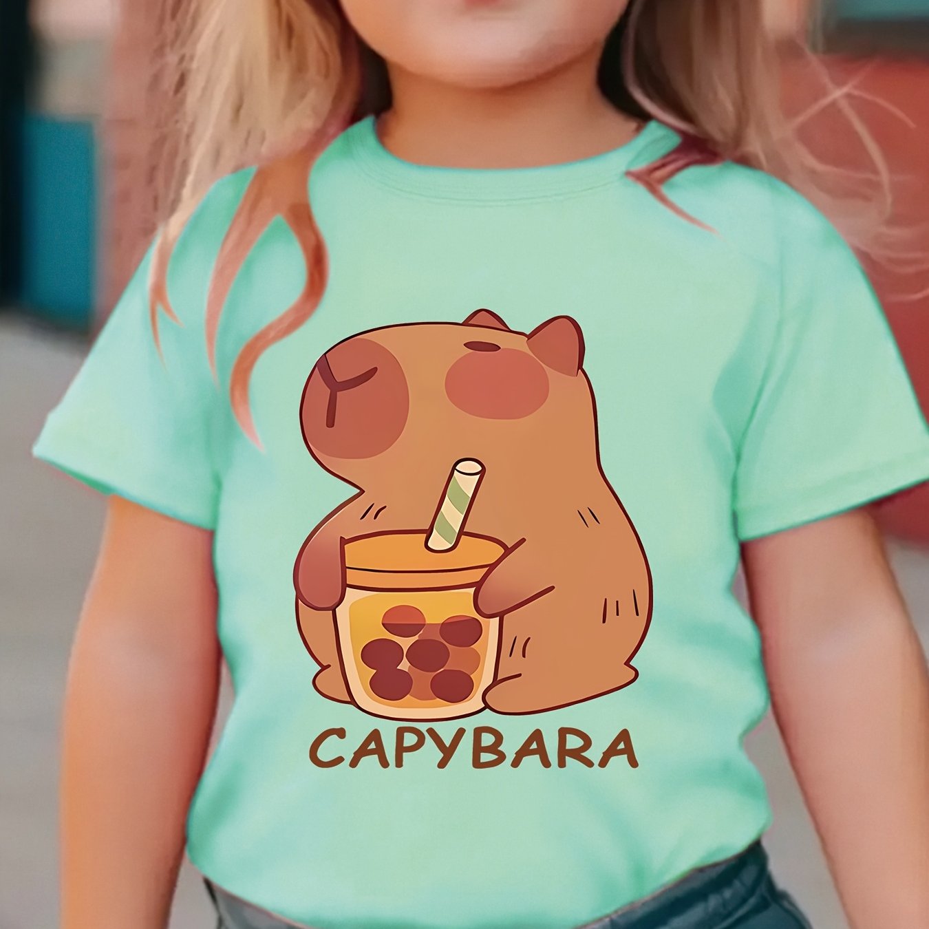 Girls' Knit Top with Capybara Drinking Milk Tea Pattern, Spring Summer Casual T-Shirt