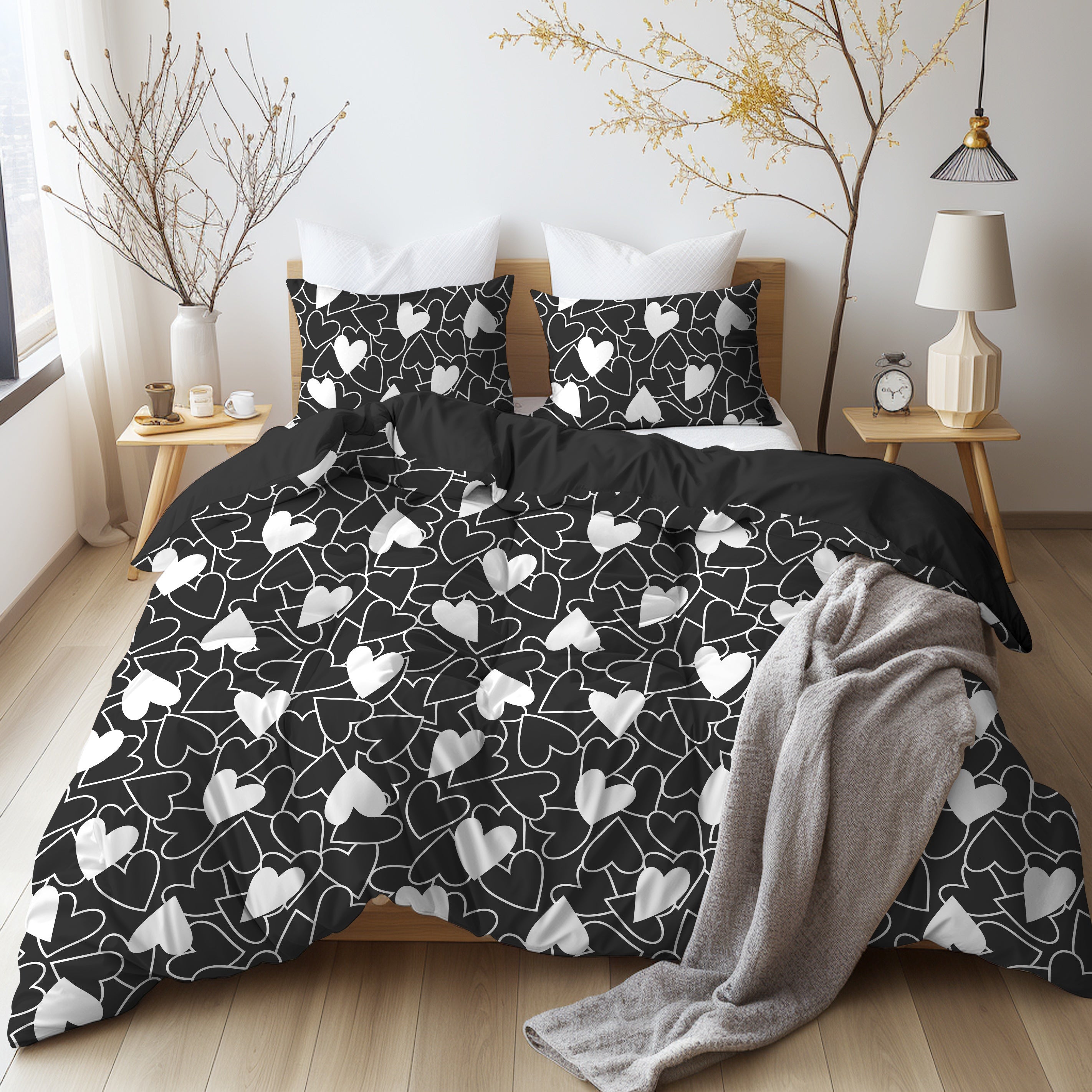 Brushed Duvet Cover Set with Love Print 3 Pieces Soft Skin-Friendly Bedding
