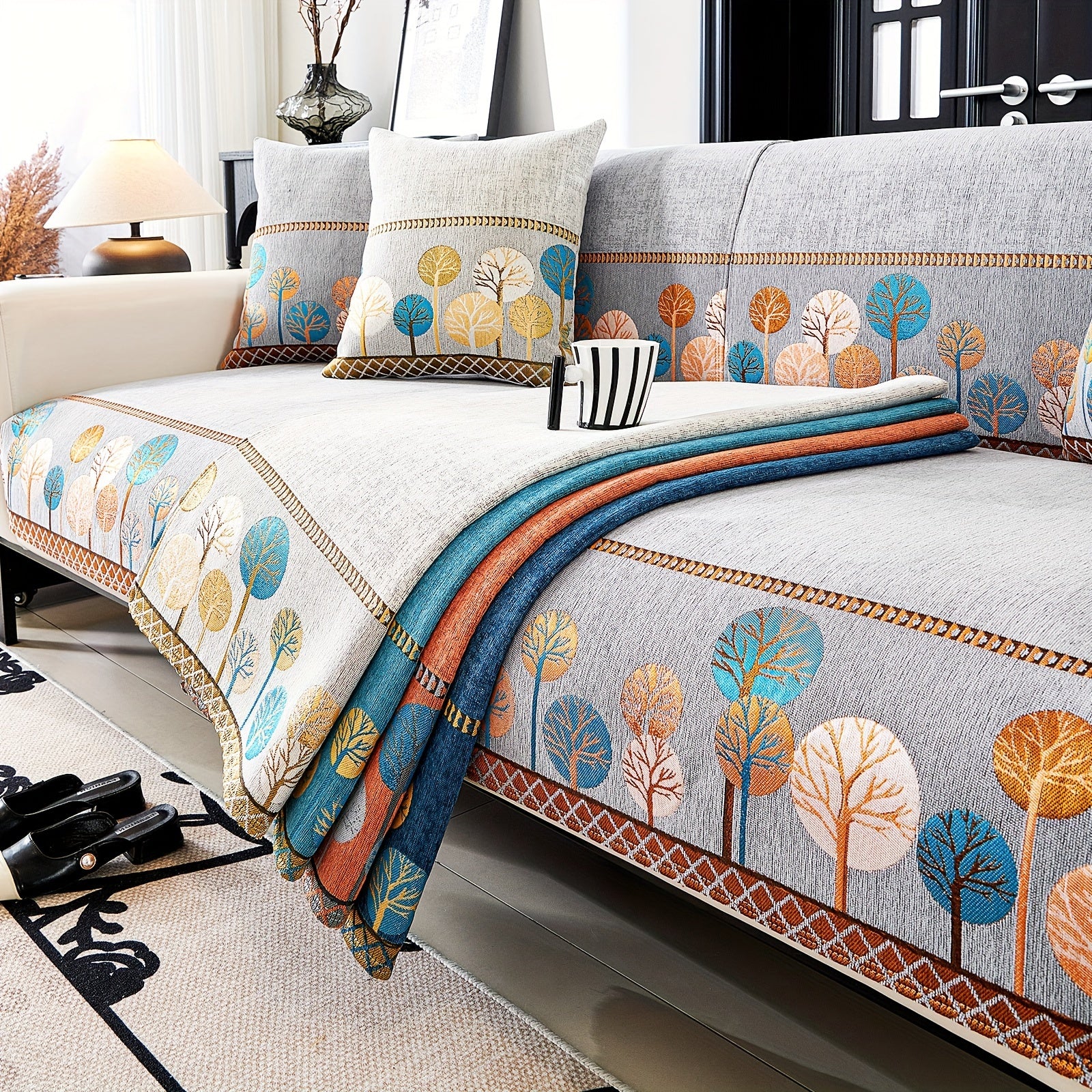 Chenille Sofa Slipcover with Geometric Embroidery Pet-Friendly Fabric for Home Decor