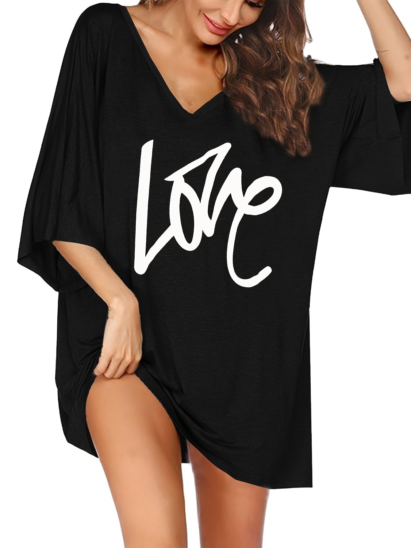 Women's Plus Size Black Love Heart Print Sleepshirt Lounge Nightgown