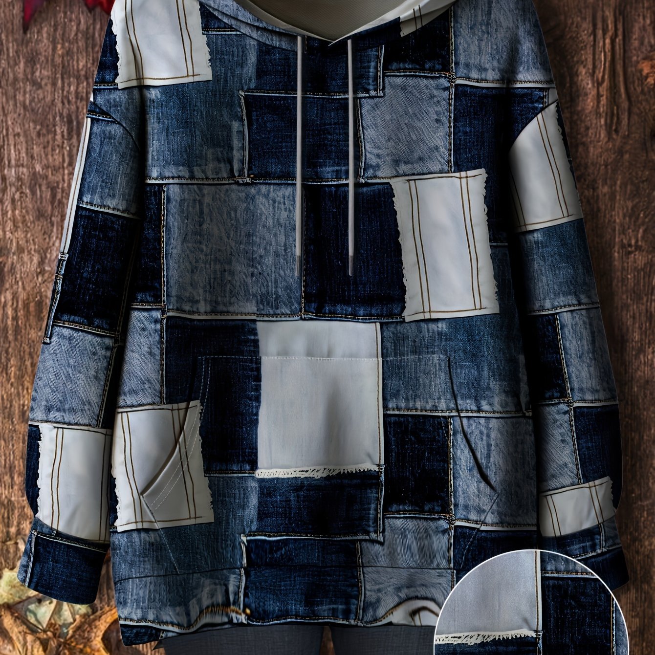 Толстовка женская с имитацией денима большого размера, повседневная, с длинными рукавами, искусственный деним, нашивка