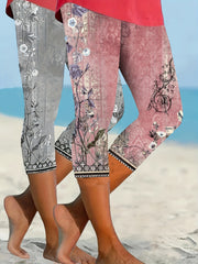 Plus Size Women's Floral Print Capri Leggings Stretchy Mid-Calf Pants