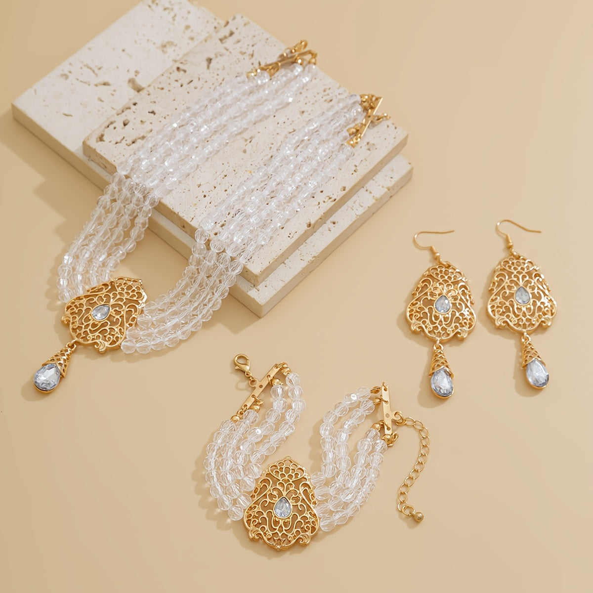 Set of 4 Elegant Crystal Water Drop Jewelry Set for Women Necklace Bracelet Earrings Gold Tone