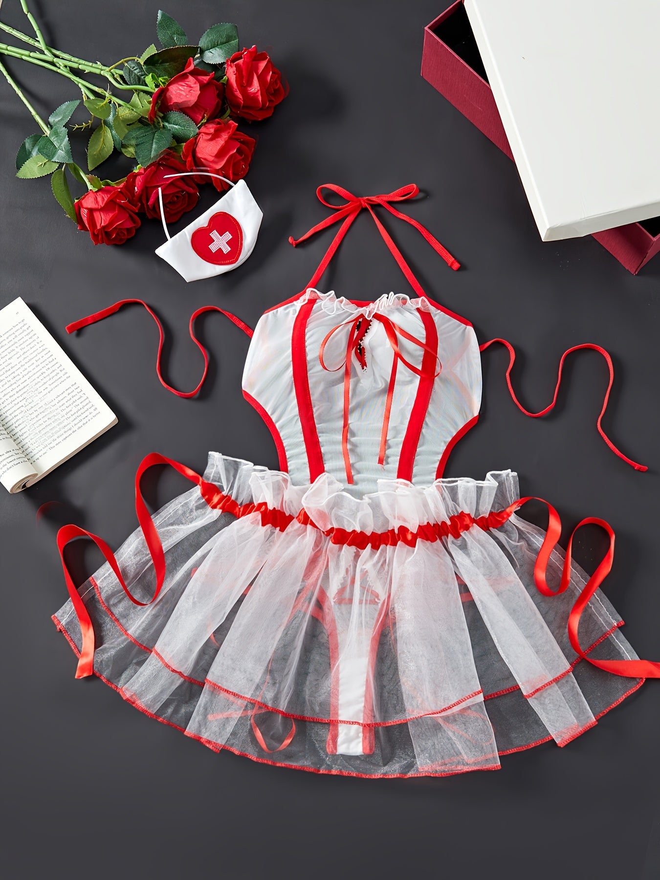 Women's Seductive Lace Lingerie Set with Hairband Bodysuit and Skirt