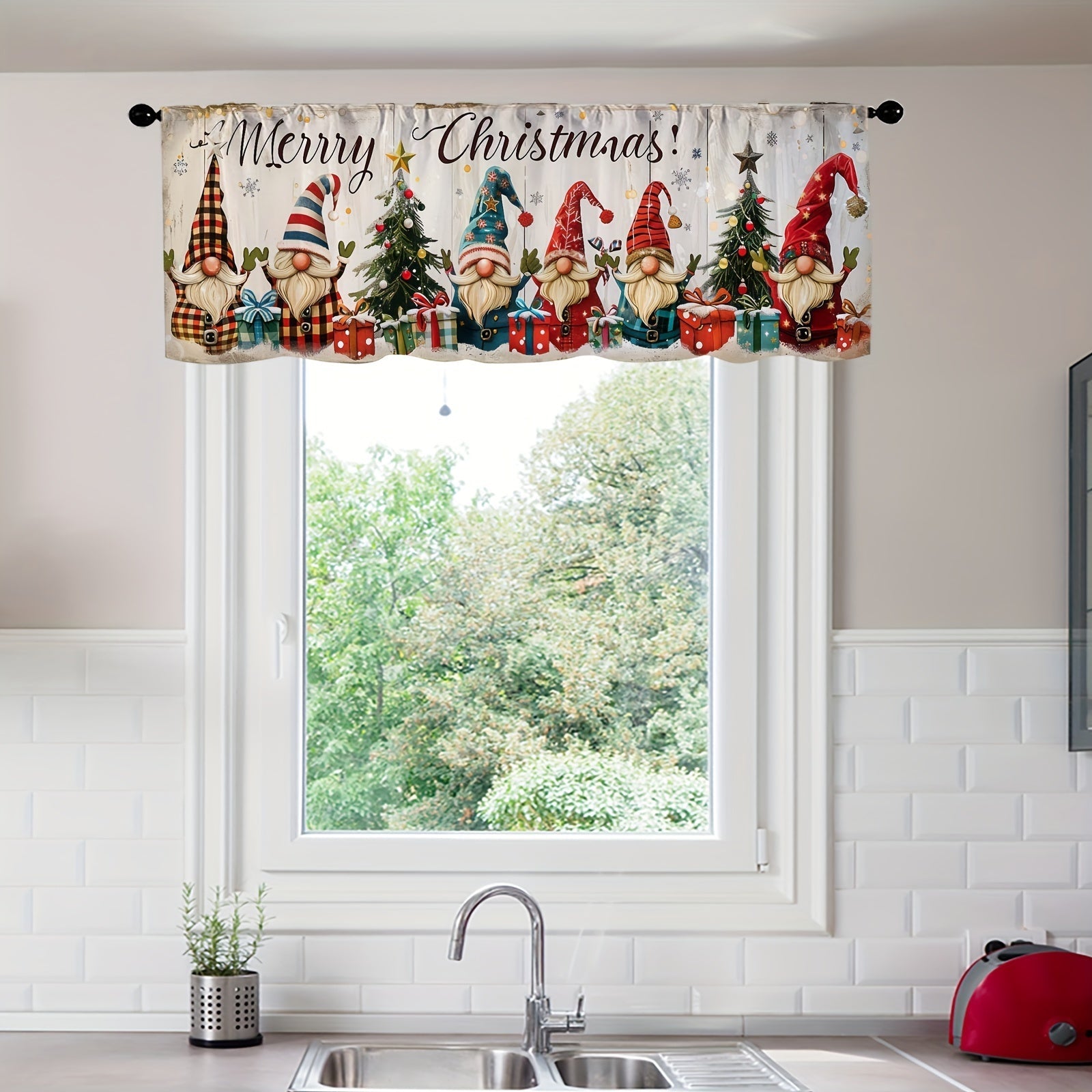 Cortina decorativa de árbol de Navidad colorido con diseño de gnomo, semi-oscura, para cocina, dormitorio y sala de estar