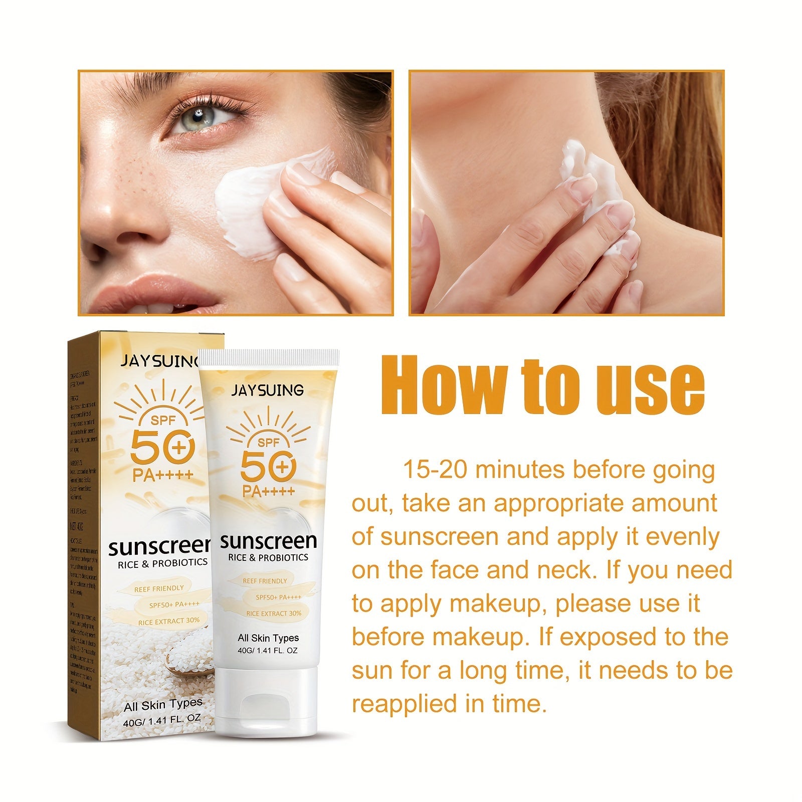 SPF50+ PA++++ Guruch va Probiotiklar bilan Quyoshdan Himoya Kreml, 40g/1.41fl.oz, Yengil, Yog'siz Quyosh Himoyasi Yuz va Tanaga, Namlantiruvchi va Barcha Teri Turlari Uchun Mos.
