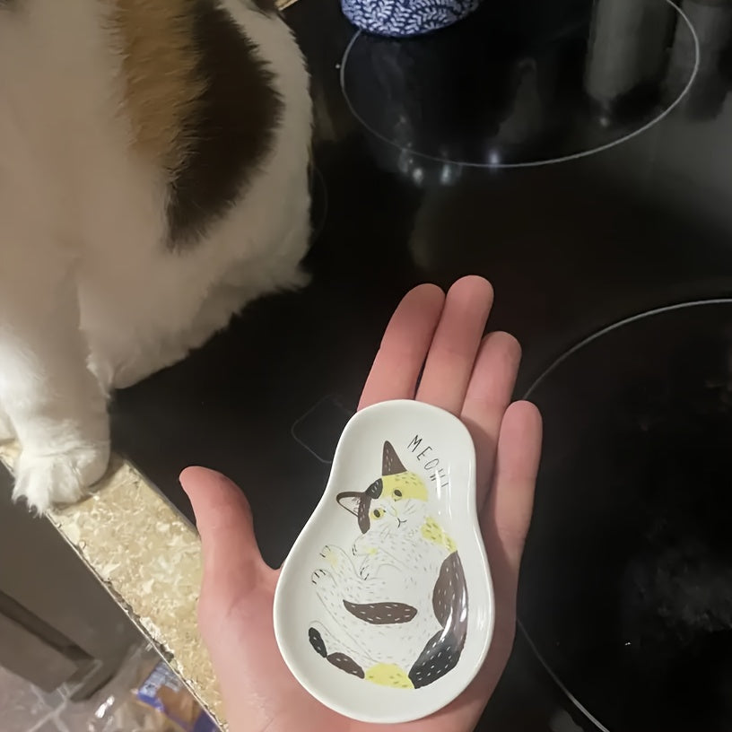 Ceramic Sauce Plate with Kitten Pattern Small Kitchen or Dorm Room Dish