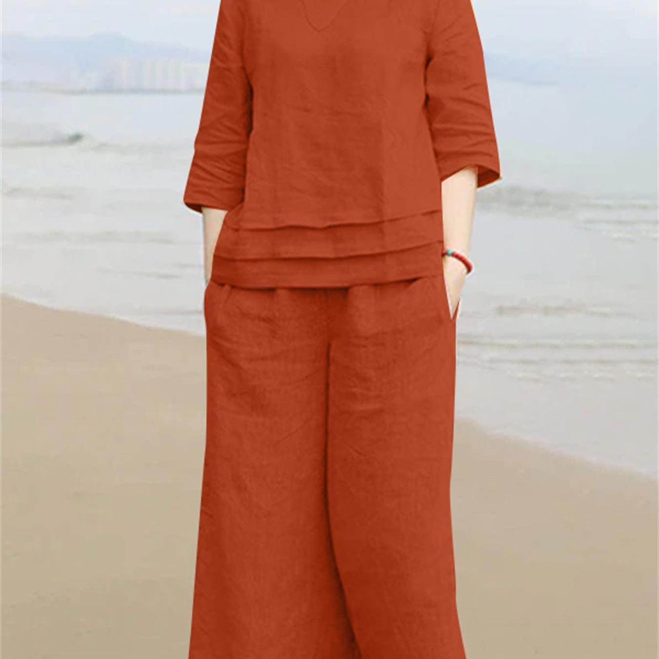 Plus Size Women's Cotton Lounge Set V-Neck Top 3/4 Sleeves Pockets Wide Leg Trousers