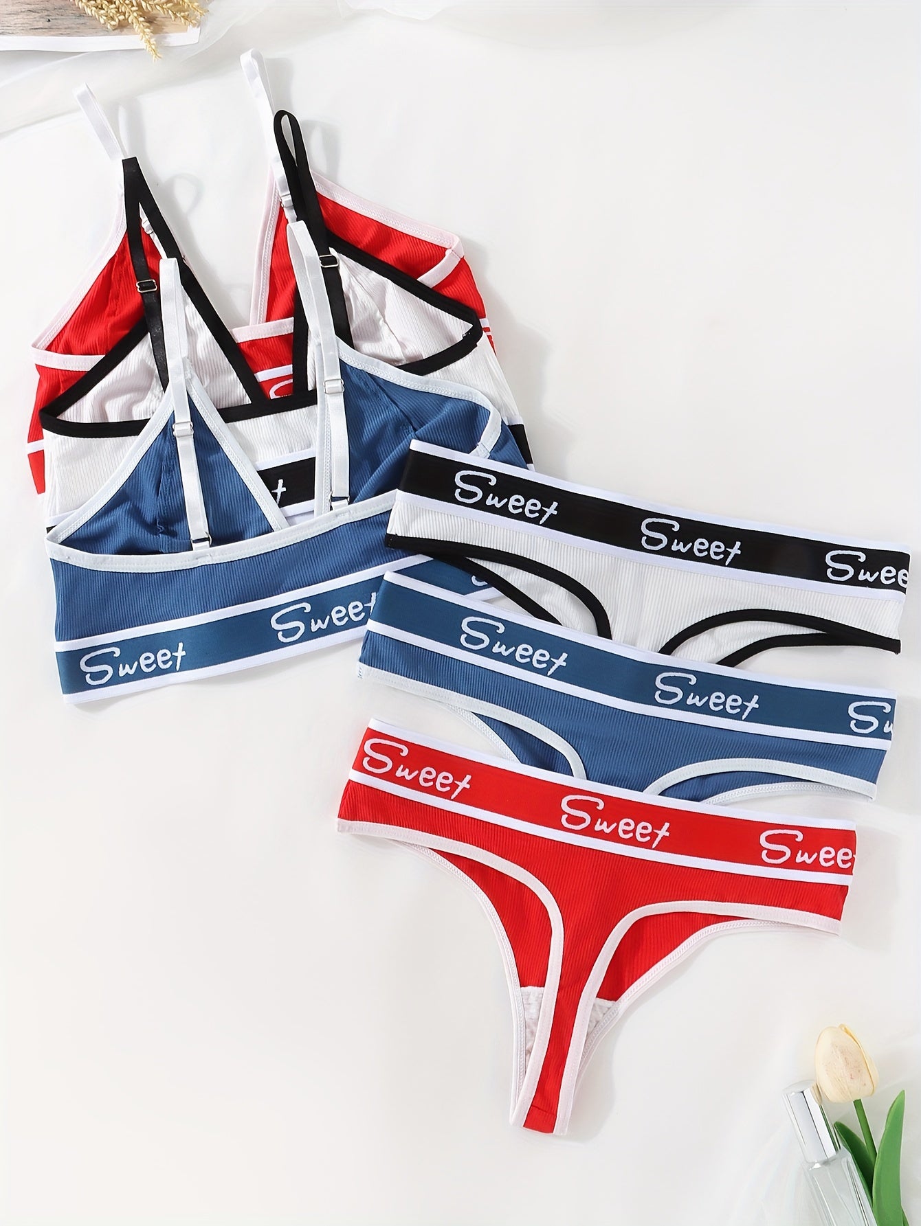 Women's Sporty Lingerie Set Triangle Bra Thong Panties Breathable Polyester