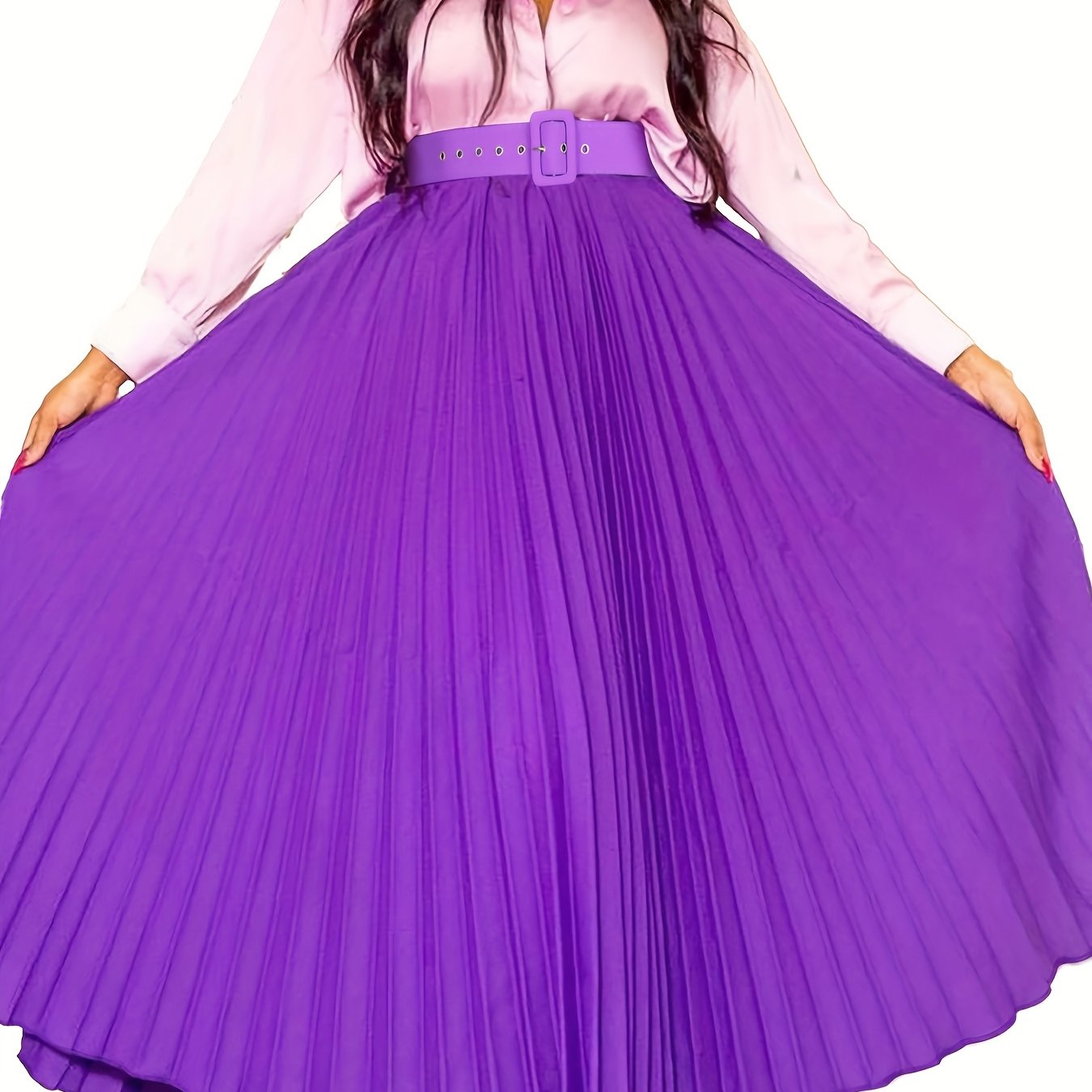 Plus-Size Elegant Midi Skirt With Belt Black Polyester Fashion