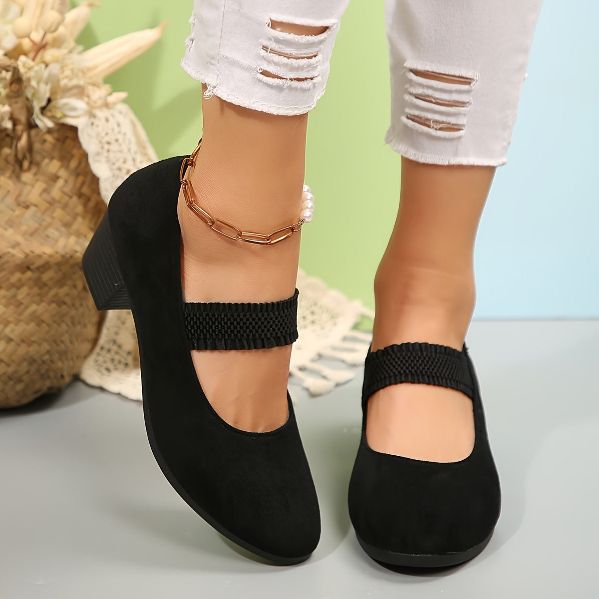 Women's Plus Size Chunky Heel Pumps Black Slip-On Comfort Shoes