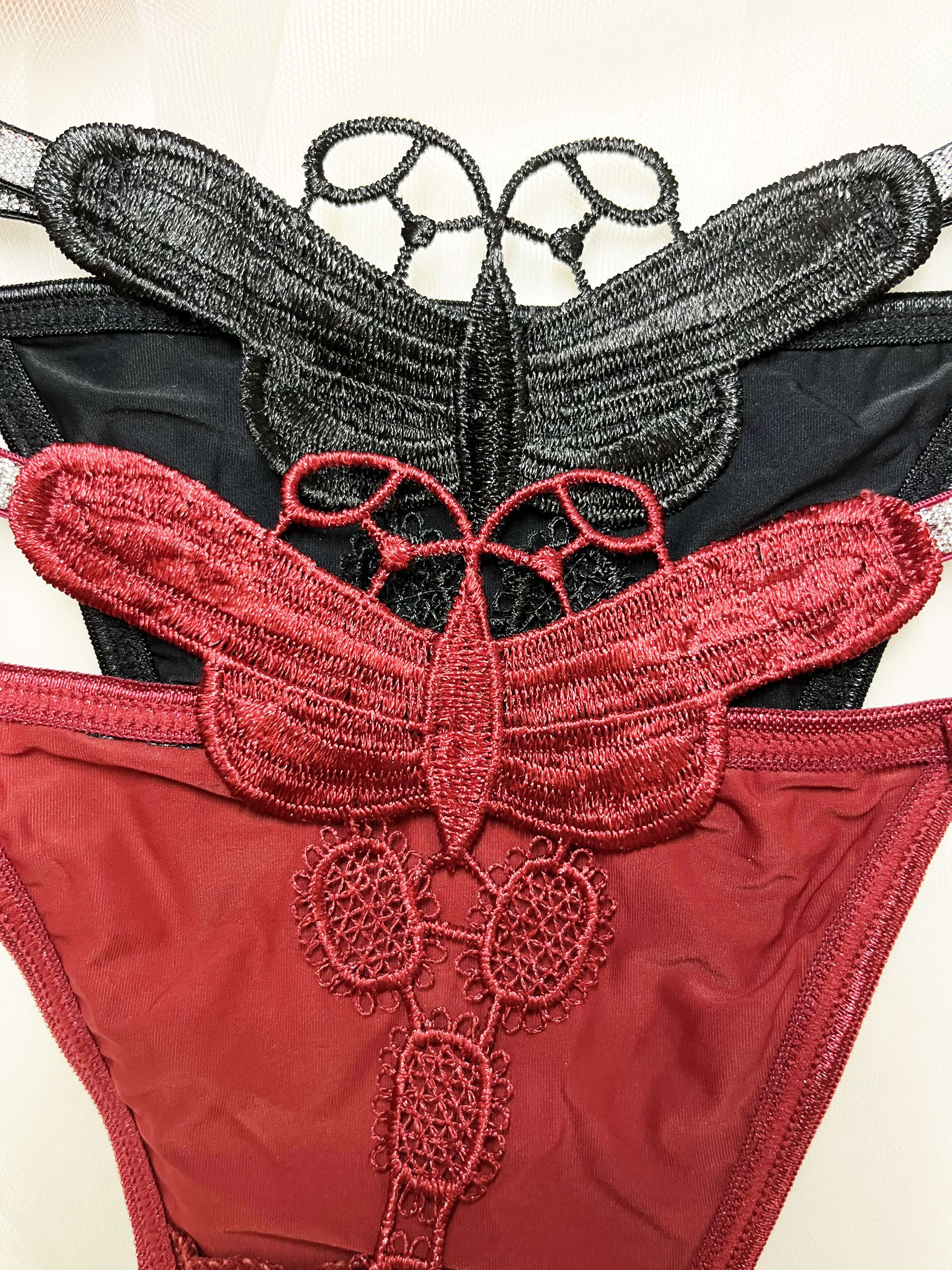 Women's Glittery Butterfly Embroidered Thong Pants with Thin Belt in Two Colors