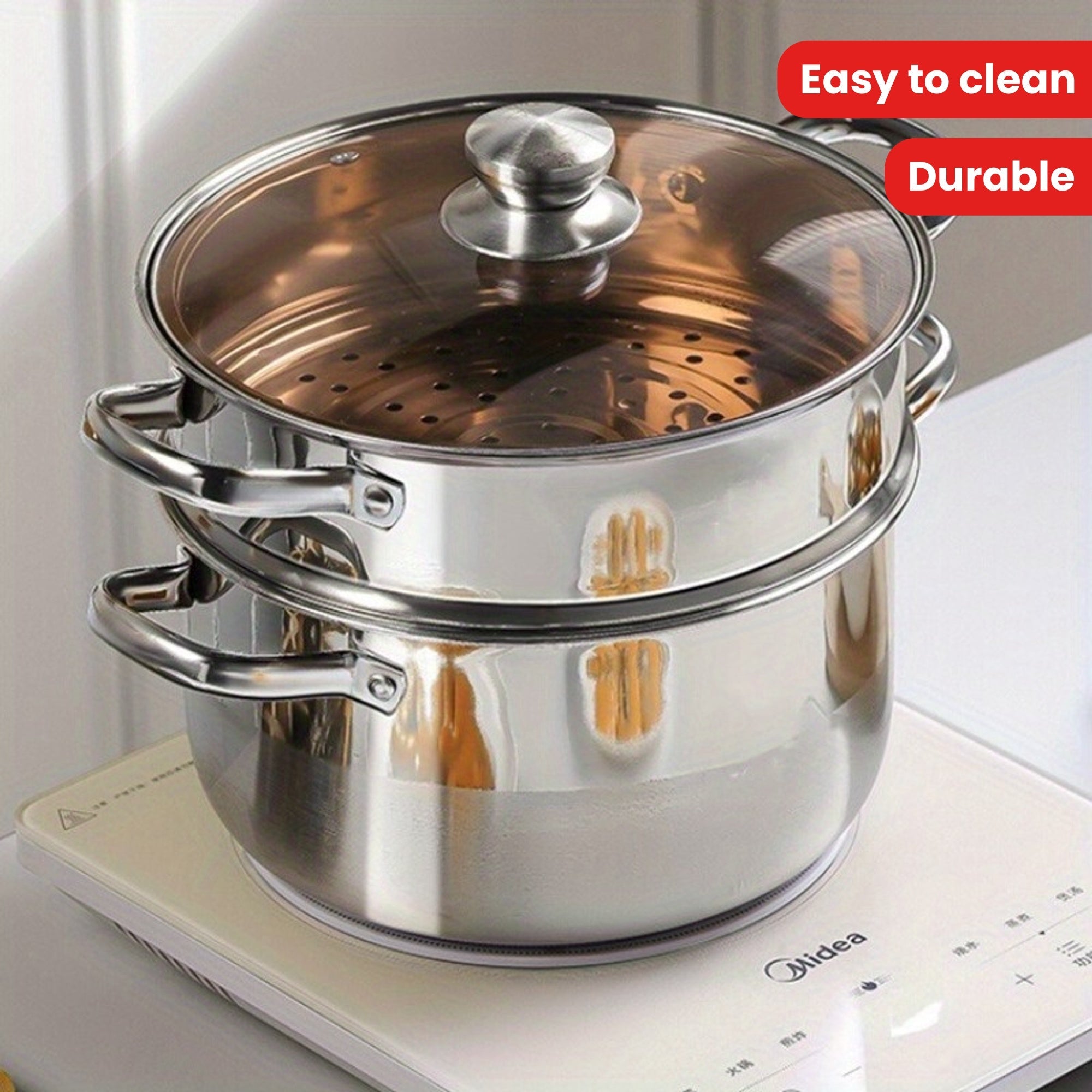 Stainless Steel Steamer Pot with Lid 1 Piece Semi-Sand Bright Finish Induction Gas Compatible