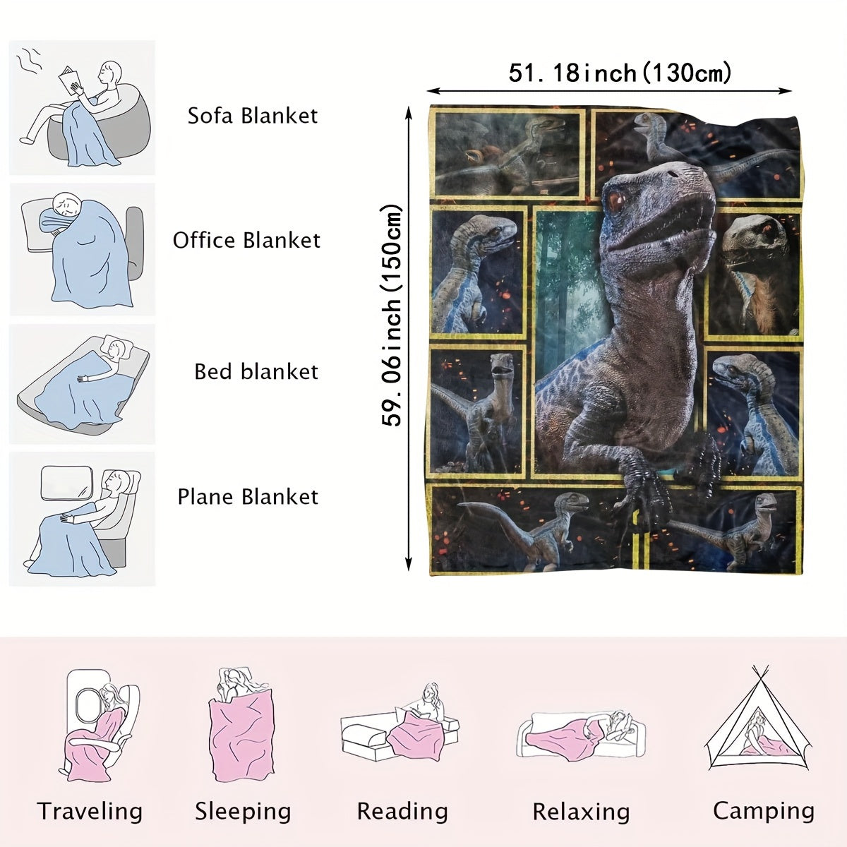 Plush Throw Blanket Geometric Dinosaur Pattern Polyester All-Season