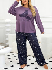 Purple Moon Pattern Pajama Set for Adults Long-Sleeved Pants Casual Comfortable