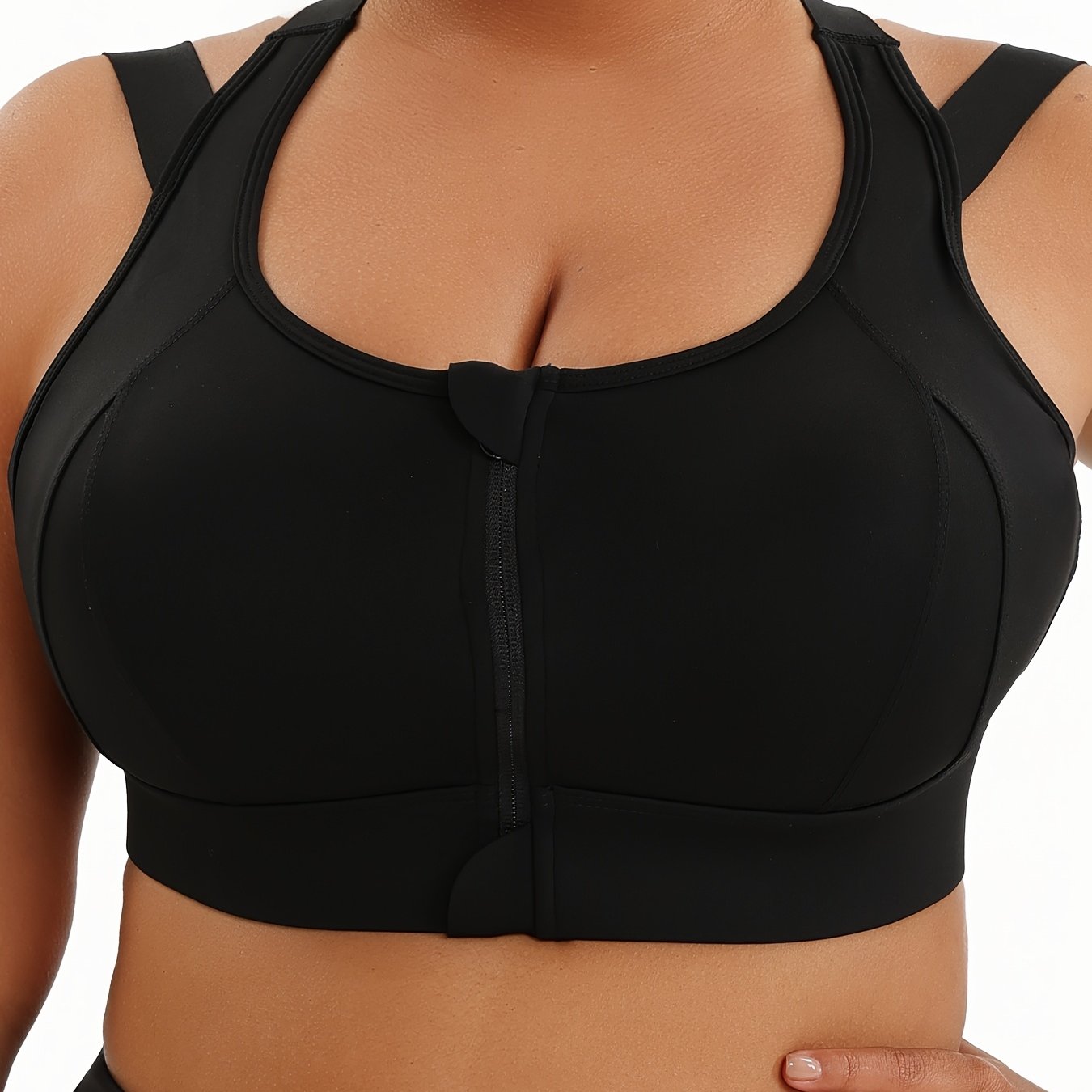 Women Plus Size Sports Bra with Cross Back Removable Pads and Front Zipper Black