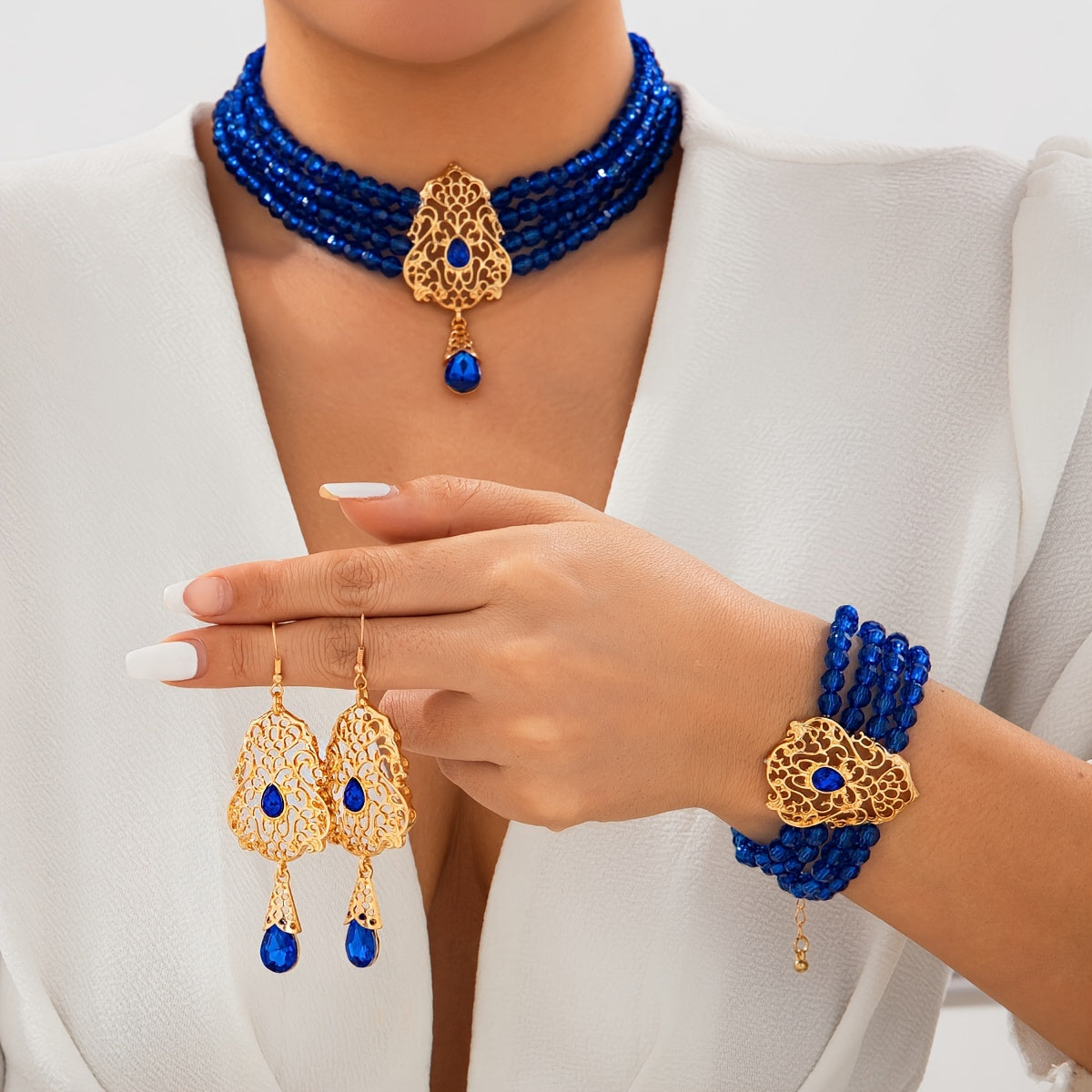 Set of 4 Elegant Crystal Water Drop Jewelry Set for Women Necklace Bracelet Earrings Gold Tone