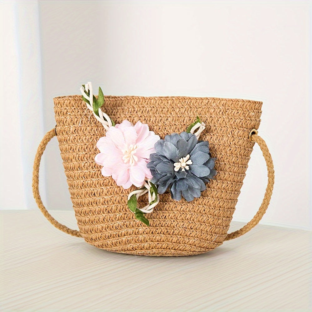 Girls' Straw Hat Set with Flower Decoration and UV Protection for Summer Beach Vacation