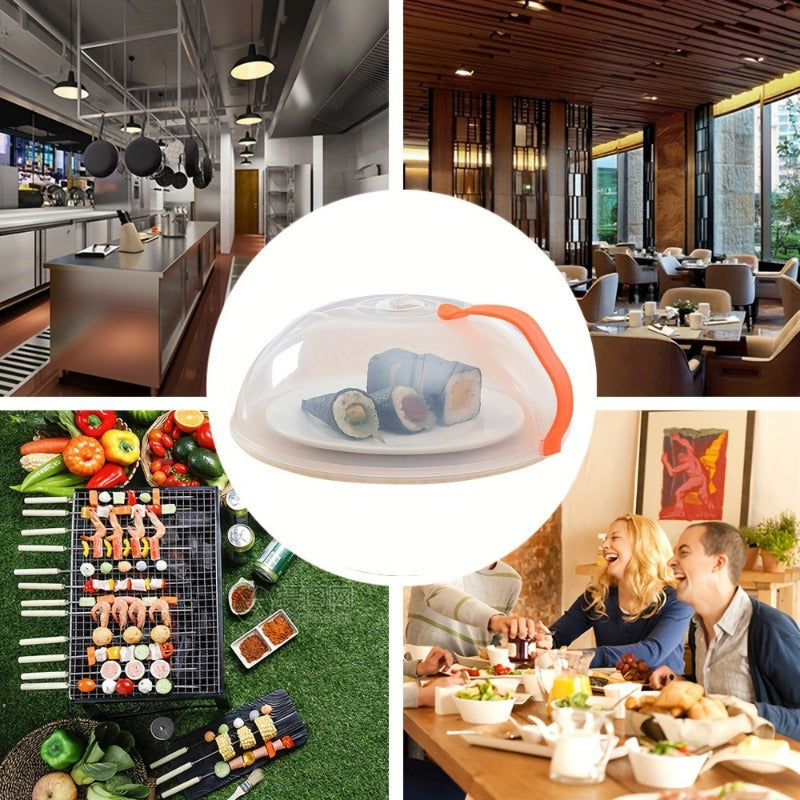 Durable Transparent ABS Microwave Splatter Guard with Orange Handle and Steam Vents