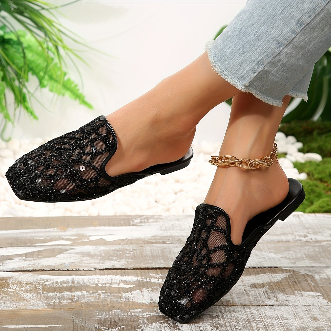 Women's Flat Mules with Sequins Square Toe Mesh Slip-On Summer Shoes