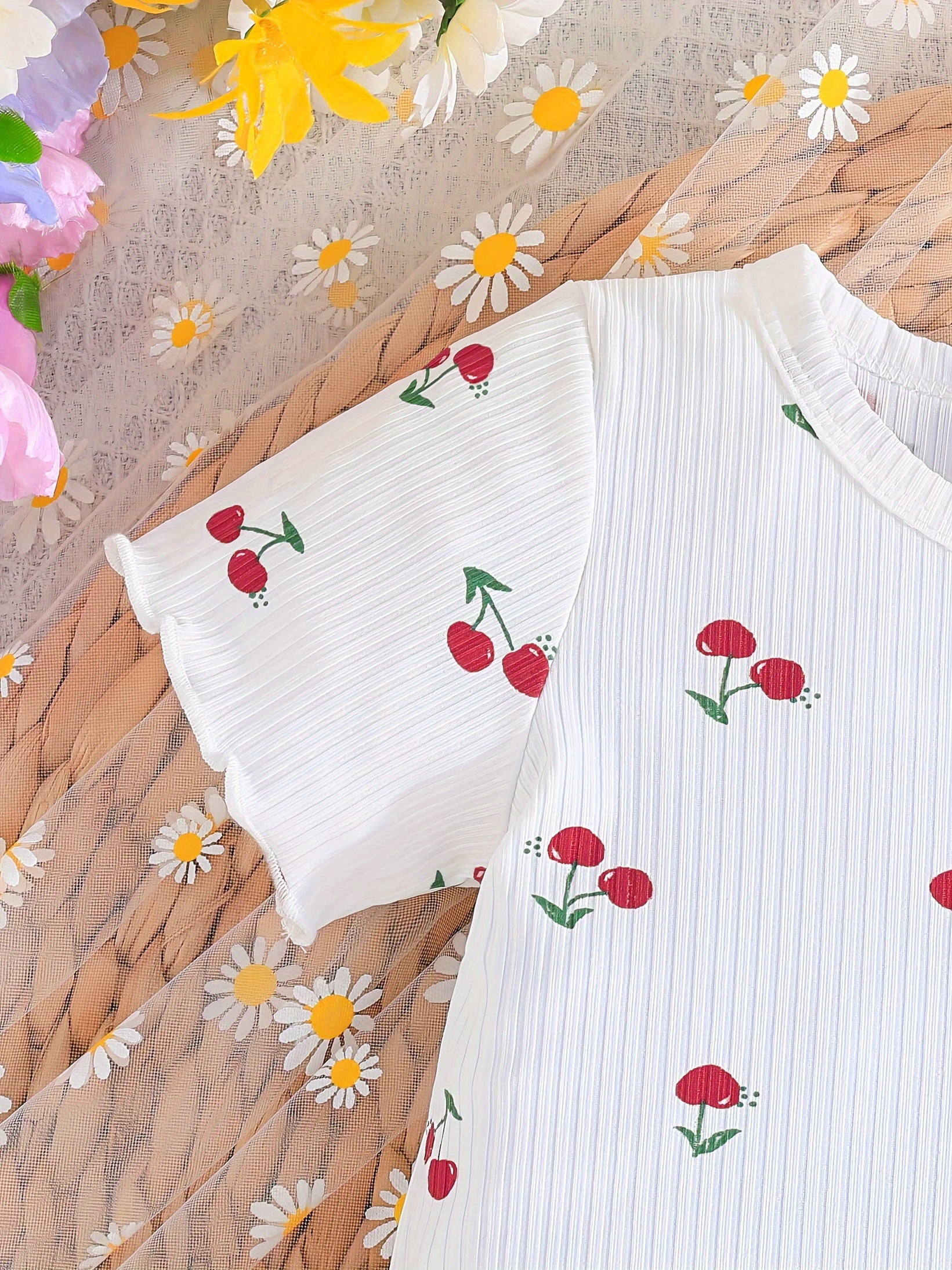 Girls Summer Set with Cherry Print T-Shirts and Shorts Lightweight and Machine Washable