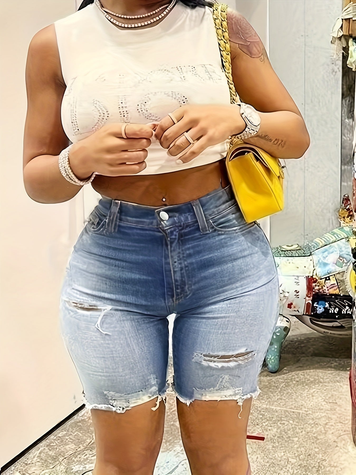 Women High-Stretch Ripped Fringe Shorts Denim Summer Fashion