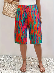 Plus o'lcham ayollar uchun rangli blokli tie-dye Bermuda shortlari yengil yozki kundalik