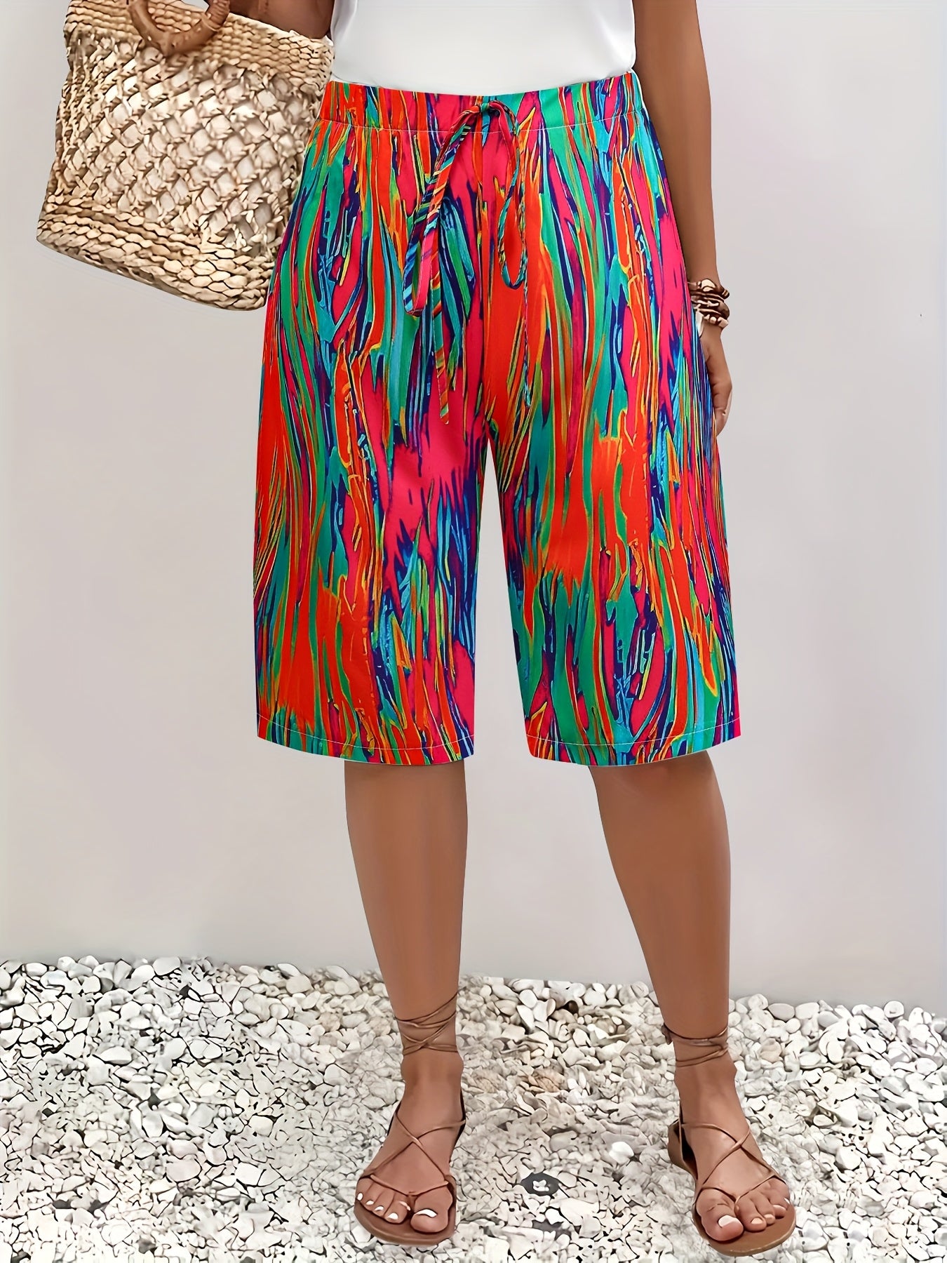 Plus o'lcham ayollar uchun rangli blokli tie-dye Bermuda shortlari yengil yozki kundalik