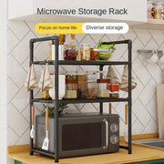 Black Expandable Microwave Stand with 3 Tiers and 8 Hooks for Kitchen or Home