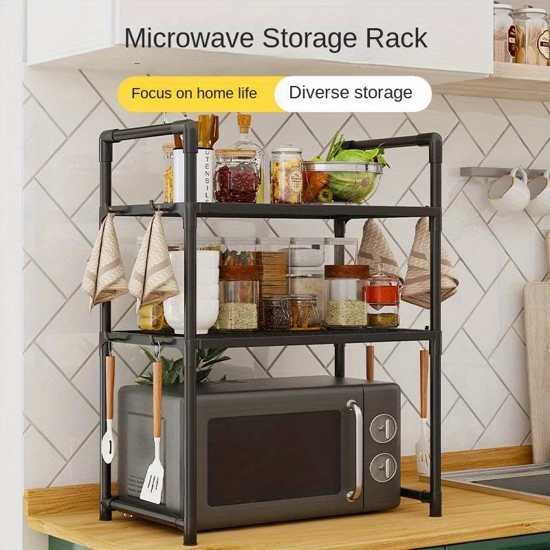Black Expandable Microwave Stand with 3 Tiers and 8 Hooks for Kitchen or Home