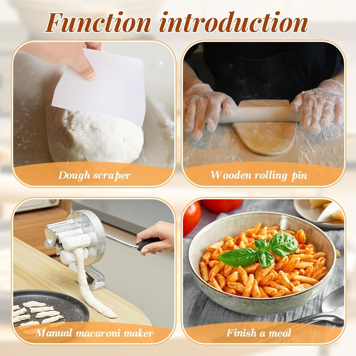 Metal Seashell Pasta Maker Set with Dough Scraper and Wooden Rolling Pin